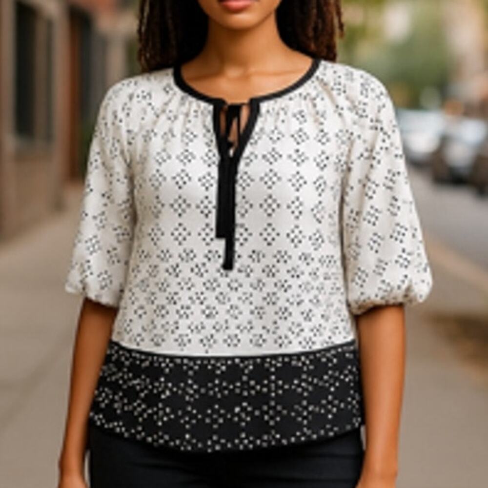 BLACK RAINN Ladies Black & White Boho Chic Blouse ~ Tassels ~ Women's Size Med.